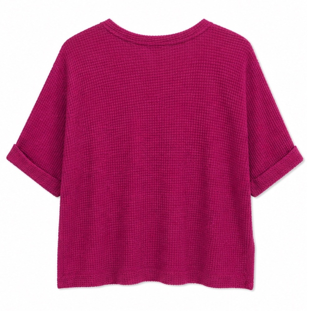 Umgee Berry Waffle Knit Top Short Sleeve Rolled Cuff Crew Neck WA5398 XL - Picture 3 of 6